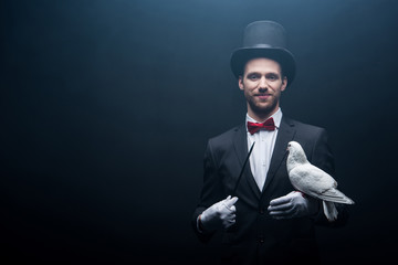 smiling magician in hat showing trick with dove and wand in dark room with smoke