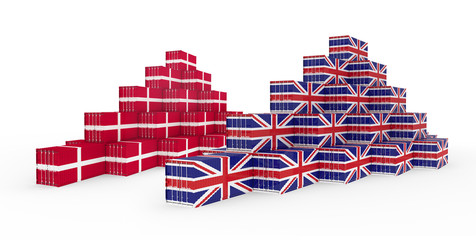 3D Illustration of Cargo Container with Denmark Flag on white background. Delivery, transportation, shipping freight transportation.