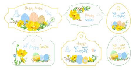 set cards with eggs and yellow watercolor flowers with gold twigs. Happy Easter templates with eggs. Suitable for spring and Easter cards and invitations, tag