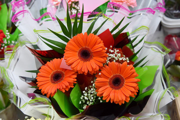 Bouquet of chrysanthemums in a package for sale.