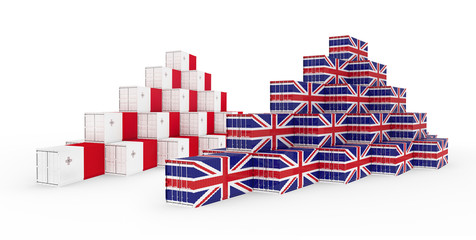 3D Illustration of Cargo Container with Malta Flag on white background with shadows. Delivery, transportation, shipping freight transportation.