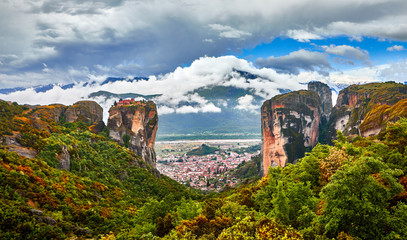 Meteora monasteries, Greece Kalambaka. UNESCO World Heritage site. Colorful spring landscape. Monastery of Varlaam (Rousanou, Ypapanti, St. Nicholas Anapavsa)