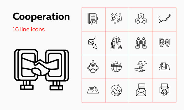 Cooperation line icon set. Partners, businessmen, letter, smartphone. Business concept. Can be used for topics like partnership, teamwork, online communication