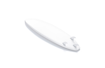 Blank white wood surfboarf with fins mockup, side view