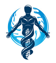 Vector graphic illustration of strong male created as scientific model of human DNA and surrounded by a water ball. Eco friendly technology, technology and nature interaction.