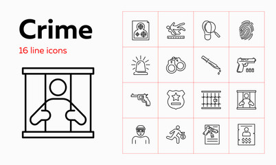 Crime line icon set. Prisoner, robber, gun. Law concept. Can be used for topics like justice, punishment, murder, investigation