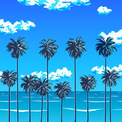 Fototapeta na wymiar The beach with palm trees and the blue sky