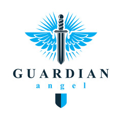 Vector graphic illustration of sword composed with bird wings, war and freedom metaphor symbol. Guardian angel vector abstract emblem.