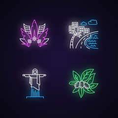 Brazil neon light icons set. Crown with plumage. South America cityscape. Christ the Redeemer. Religion sculpture. Signs with outer glowing effect. Vector isolated RGB color illustrations