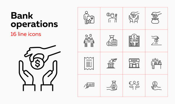 Bank operations icons. Set of line icons. Money exchange, savings, investment. Accounting concept. Vector illustration can be used for topics like payment, money, finance