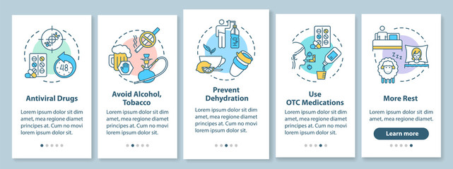 Obraz premium Flu treatment onboarding mobile app page screen with concepts. Hydrate, medication. Influenza cure walkthrough 5 steps graphic instructions. UI vector template with RGB color illustrations