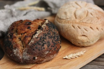 Fresh homemade bread on the table macro