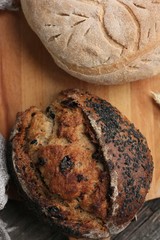 Fresh homemade bread on the table macro