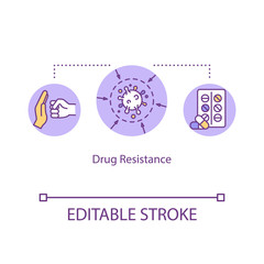 Drug resistance concept icon. Microorganism mutation. Autoimmune disease. Pharmacy treatment. Pathogen idea thin line illustration. Vector isolated outline RGB color drawing. Editable stroke