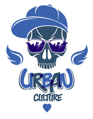 Skull in sunglasses and hat, urban theme vector logo or emblem, gangster or thug illustration, anarchy chaos hooligan, ghetto theme.