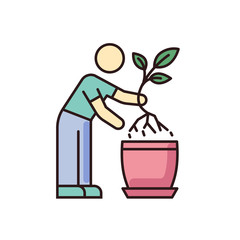Replanting RGB color icon. Houseplant caring. Transplanting, repotting. Indoor gardening. Plant growing process. Potting plants, changing planter. Planting seedling. Isolated vector illustration