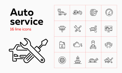 Auto service line icon set. Set of line icons on white background. Auto concept. Car, checking, machine oil, master. Vector illustration can be used for topics like car, auto, mechanical, service