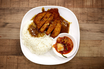 Top view of Japanese Style fried pork with Rice