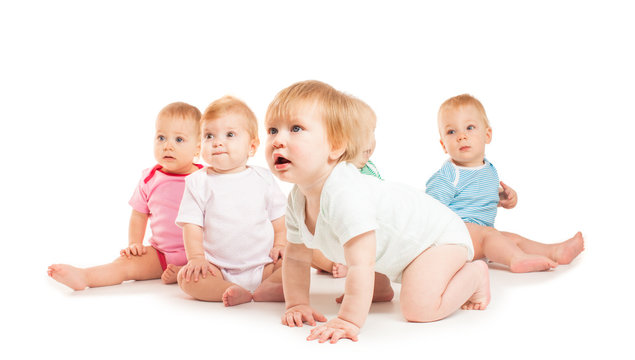 Group of cute babies crawling on floor. Isolated on white.