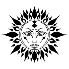 Illustration with beautiful hand drawn sun symbol. Invitation element. Tattoo design. Drawing for coloring book. Heraldry and logo concept art.