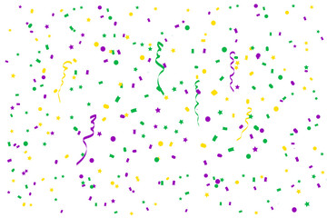Bright abstract dot mardi gras pattern on white background. Vector illustration for holiday design. Carnival festival colorful bead backdrop, border, frame. Light yellow, green, purple color confetti.
