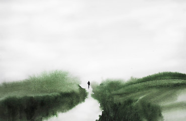 watercolor nature and landscape summer and human 