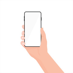 Smartphone mockup in human hand. Hand holding black smartphone and finger touch on blank white screen. Flat vector illustration.