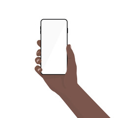 Smartphone mockup in afro hand. Black hand holding black smartphone and finger touch on blank white screen. Flat vector illustration.