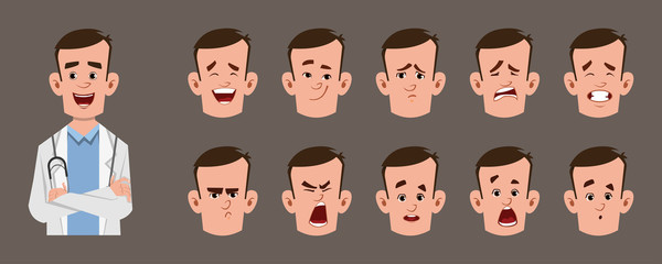 young doctor cartoon character with different facial expression set. Different emotions for custom animation