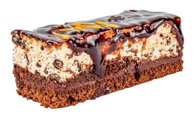 Tiramisu cake with a delicate chocolate biscuit with creamy orange mousse covered with chocolate gel isolated on white background