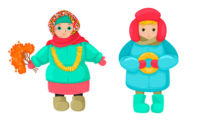 Russian small children in folk clothes. Vector characters on white background