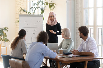 Arabic businesswoman making whiteboard presentation for employees