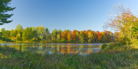 Autumn Colour Lake Panorama, Morrison Dam Conservation Area, Exeter, Ontario, Canada