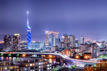 Fototapeta na wymiar Night panorama of Fukuoka city, Japan