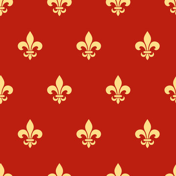 Vector seamless pattern with gold fleur-de-lis symbols on red.