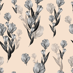 watercolor magnolia seamless pattern with flowers and leaves on nude color background. Illustration hand drawn black and white for wedding card, poster, postcard,textile, paper - 320599929