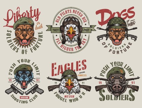 Colorful army and animals vintage labels