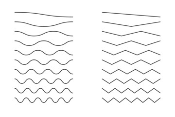 Wave line and wavy zigzag lines. Vector black underlines, smooth end squiggly horizontal curvy squiggles