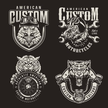 Vintage monochrome custom motorcycle emblems