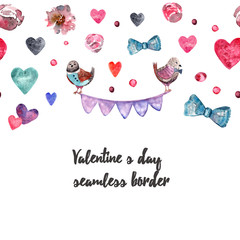 Happy Valentines day watercolor seamless border, banner with cute birds, flowers roses, alstroemeria and hearts colorful. Background with multicolored shining heart of particles.  