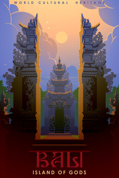 Split Gates Also Called Candi Bentar Usual Element Of The Hindu Temples On Bali. It Symbolises Two Basic Principles Of The Universe - Good And Evil. Vintage Travel Poster. EPS10 Vector Illustration