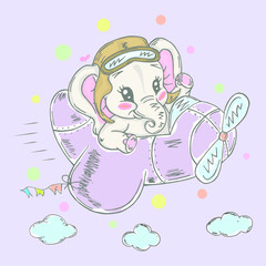 Illustration with cute little elephant flying on airplane. Can be used for baby t-shirt print, fashion print design, kids wear, baby shower celebration greeting and invitation card.