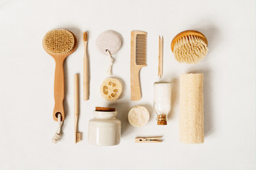 Zero waste bathroom accessories, concept of reusable and plastic free householding, eco friendly...