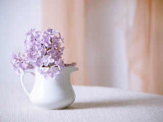 Room interior with gentle lilacs flower in jug on table and curtain hanging on wall, tender romantic spring home decor in morning light, soft focus.