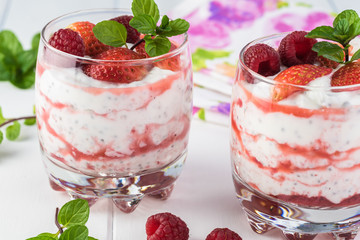 Chia pudding with strawberry sauce and berries.