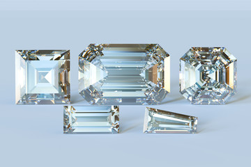 Five step cut diamonds on light blue background