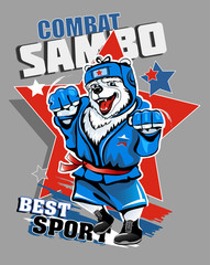Russian polar bear wrestler in blue tracksuit  isolated on gray background. Vector illustration. Combat wrestling.