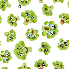 Obraz premium Cute seamless pattern with cartoon emoji broccoli