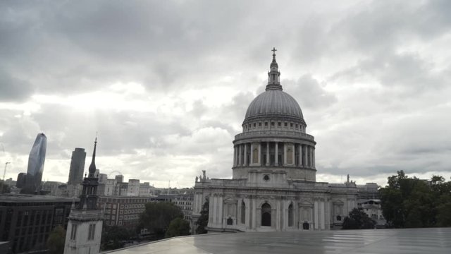 A beautiful view of the great dome of Saint Paul's Cathedral in the City of London. Action. St Paul's cathedral is the famous landmark.