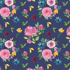 Seamless pattern with spring flowers and leaves. Hand drawn background. floral pattern for wallpaper or fabric. Flower rose. Botanic Tile.